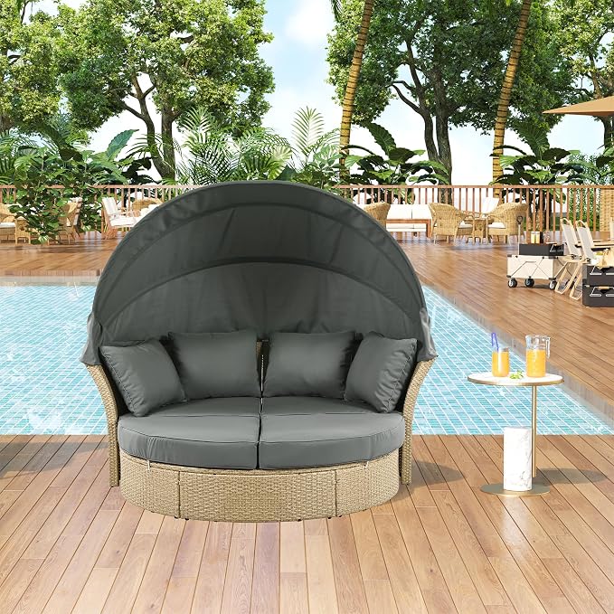 Merax All-Weather Outdoor Round Patio Daybed Conversation Sofa Set Wicker - Image 9