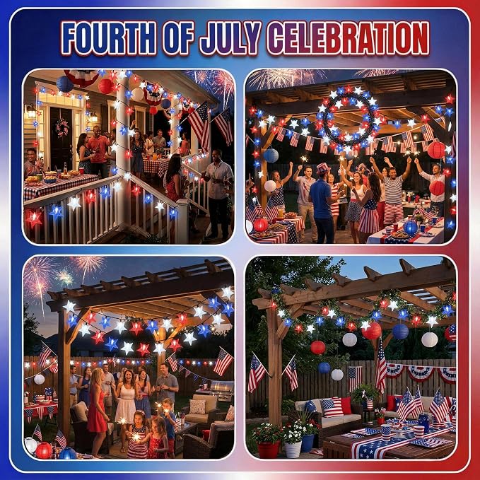 4th of July Twinkle Solar Star String Lights Decorations Outdoor Waterproof - Image 6