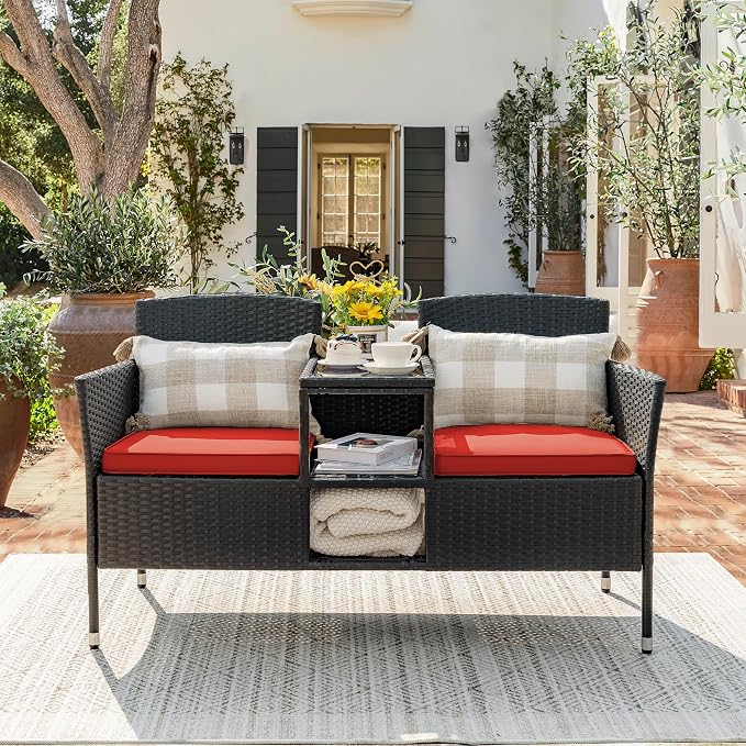 Devoko Outdoor Patio Loveseat Modern Rattan 2-Seat Patio Conversation Set - Image 7