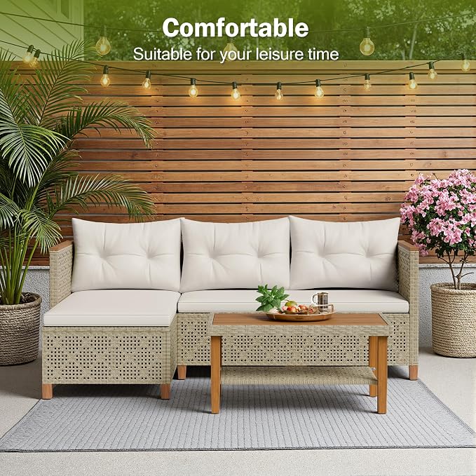 Devoko Patio Furniture Set 3 Piece Outdoor Sectional Sofa Hollow Rattan Patio - Image 5