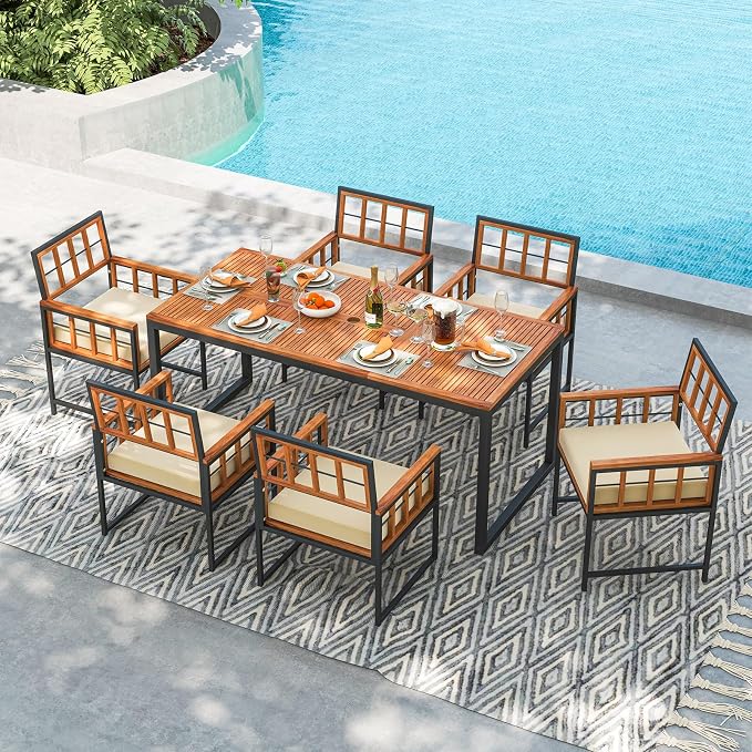 Tangkula 7 Pieces Patio Dining Set, Outdoor Acacia Wood Table and Chairs - Image 7