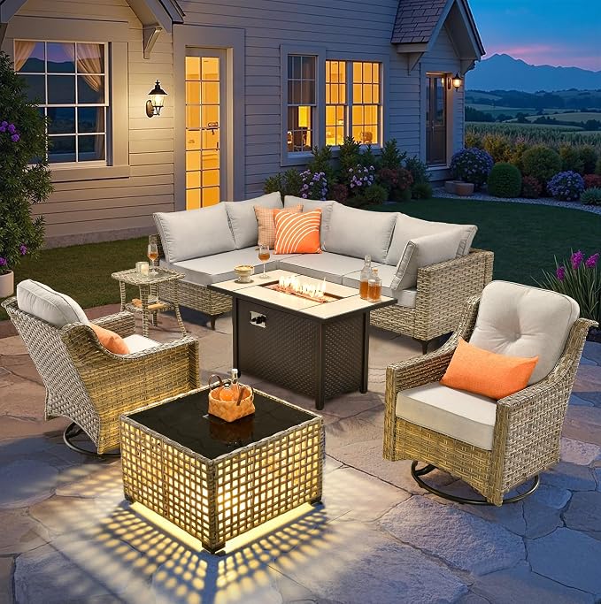 9-Piece Outdoor Sectional Sofa Set w/ 42" Fire Pit – L-Shaped Wicker Patio by CAODOCPatioFurniture