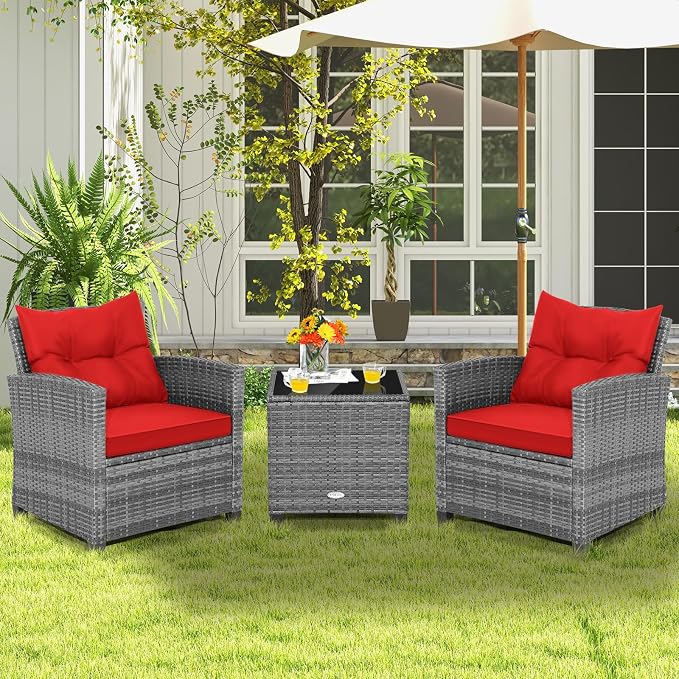 Tangkula 3 Pieces Patio Furniture Set, Outdoor PE Rattan Conversation Chair Set - Image 9