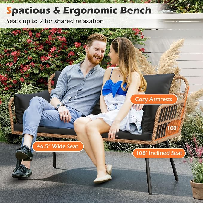 Tangkula Patio Wicker Loveseat, Outdoor Rattan 2-Seat Cushioned Sofa - Image 6