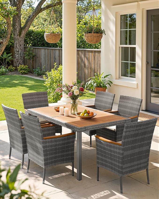 Flamaker 7 Piece Patio Dining Set Outdoor Acacia Wood Table and Chairs - Image 2