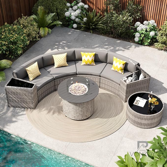 Patio Sectional Furniture Outdoor 8-Piece Grey Rattan Curved Sofa Set by VonzoyHome