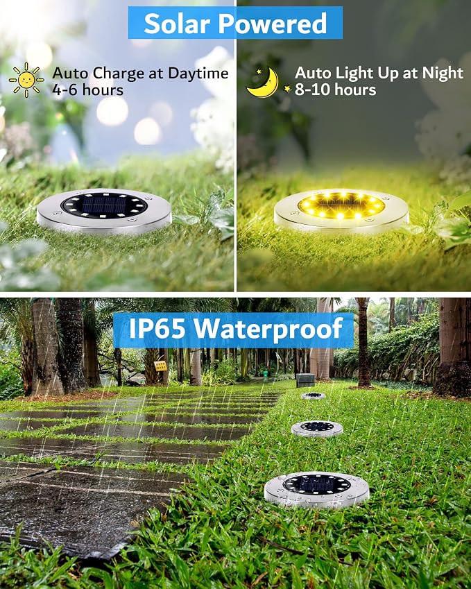 Biling Solar Ground Lights Outdoor 8 Packs, Flat Bright 12 LEDs Solar Lights - Image 2
