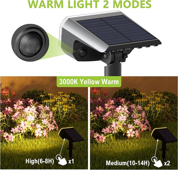 DAMINY Solar Spotlights Waterproof IP65, Auto On/Off, 3000K 2 Lighting Modes - Image 2