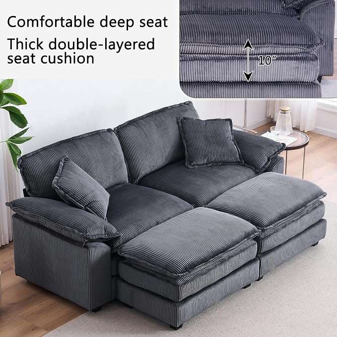 84.6” Corduroy Loveseat with Ottoman, Oversized Double Chaise Lounge Chair - Image 6