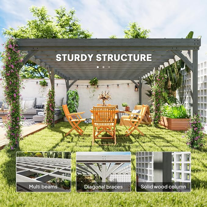Outsunny 12' x 20' Outdoor Pergola, Wood Gazebo Grape Trellis - Image 3