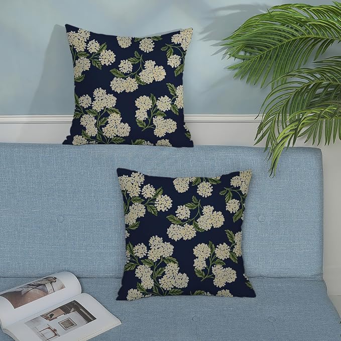 Navy Blue Spring Pillow Covers 20x20 Inch 2 Pcs Green Yellow Hydrangea Flower - Image 3