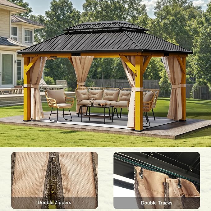 YITAHOME 13x15ft Wood Gazebo Outdoor Wooden Frame Double Roof Hardtop - Image 6