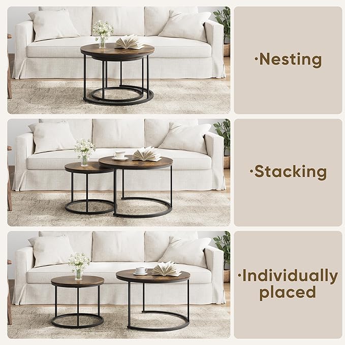 Smuxee Rustic Nesting Coffee Table Set of 2, 27.6" Round Coffee Table Wooden - Image 5
