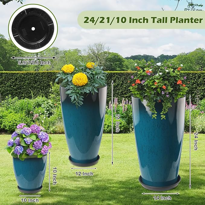 24-21-11 Inch Tall Planters Set of 3, Indoor Outdoor Blue Glossy Round Planter - Image 3