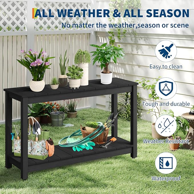 GarveeLife 48 Inch Outdoor Console Table, Wood All-Weather Side Table, 2-Tier - Image 3