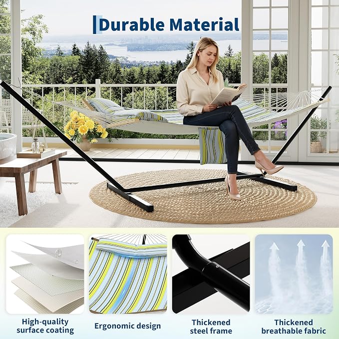 2 Person Double Hammock with Adjustable Steel Stand & Pillow, Heavy Duty - Image 4