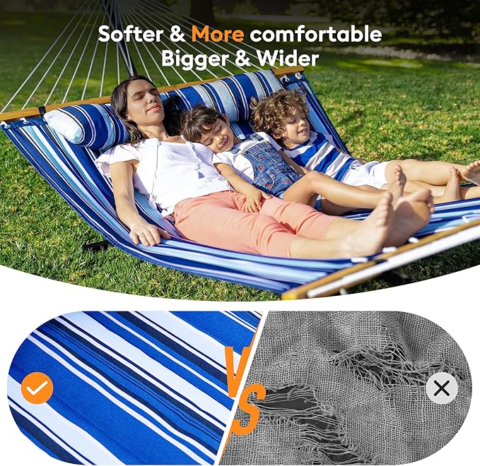 Double Hammock with Spreader Bar, Soft Pillow, Max Load 500lbs, Portable Hammock - Image 4