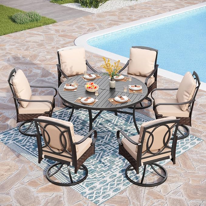 PHI VILLA Heavy Duty Outdoor Dining Set, 7-Piece Round Patio Table Set by PHIVILLAThepioneerofcomfortablehouseholdsupplies