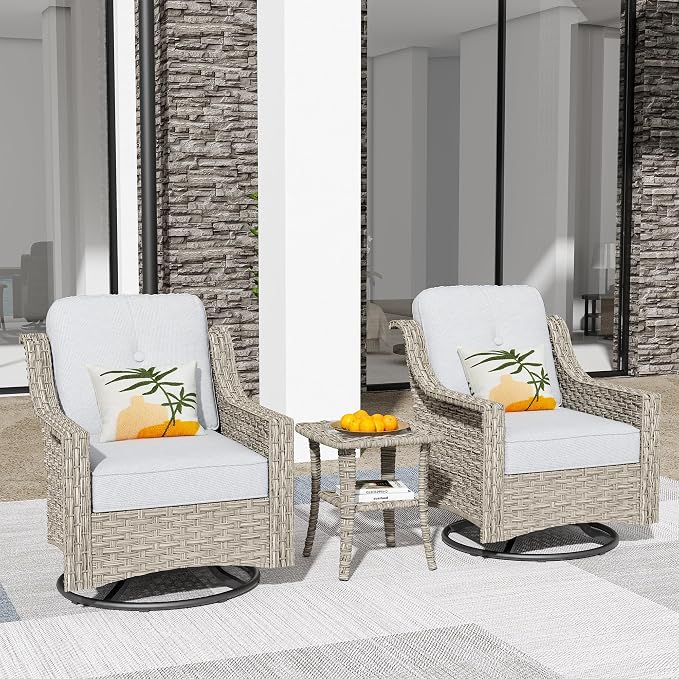 HOOOWOOO 3 Piece Patio Furniture Bistro Sets, Outdoor Wicker Swivel Rocking by DesignforBetterLife