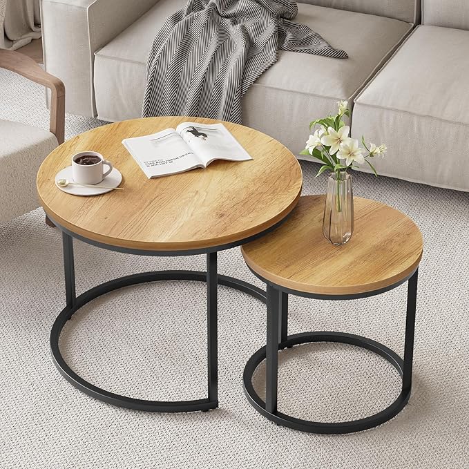 Smuxee Nesting Coffee Table Set of 2, 23.6" Round Coffee Table Brown Wood - Image 7