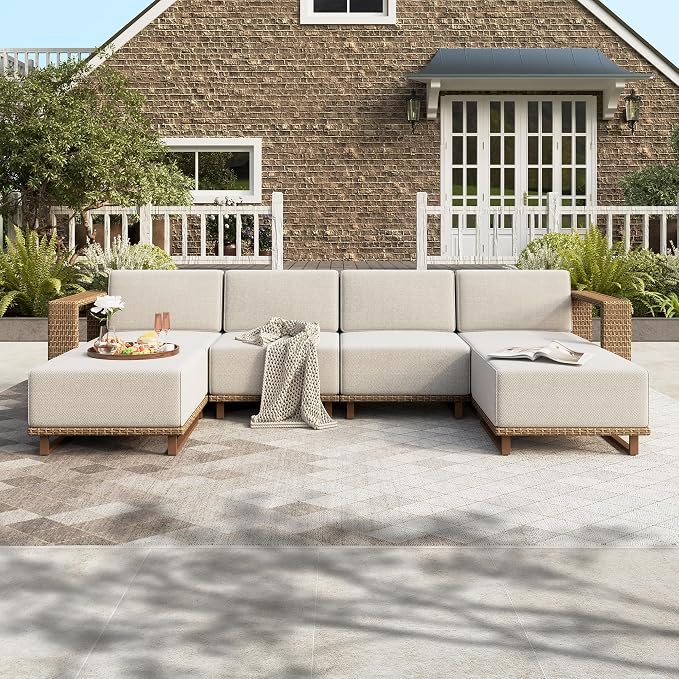 HERA'S HOUSE 6 Pieces Outdoor Rattan Furniture Set, 4 Sectional Patio Wicker by HERASHOUSE