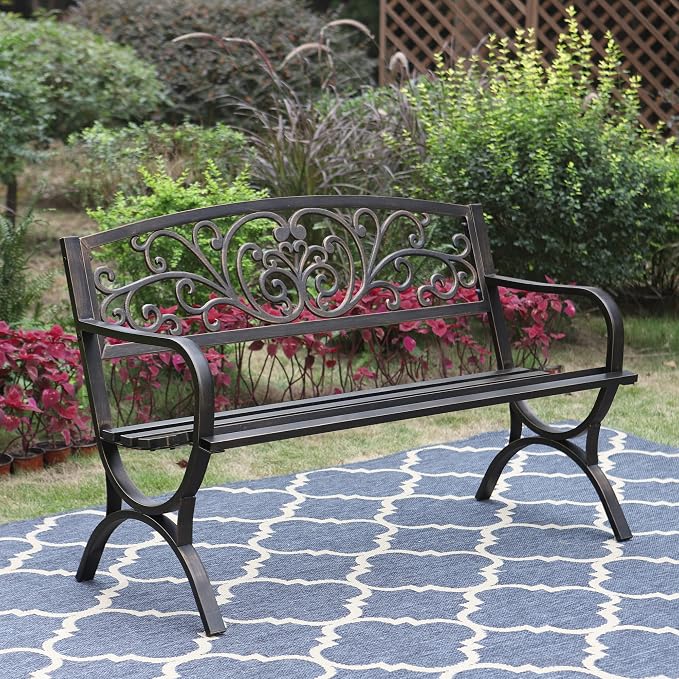 Sophia & William Metal Outdoor Bench, Cast Iron Park Benches - Image 2