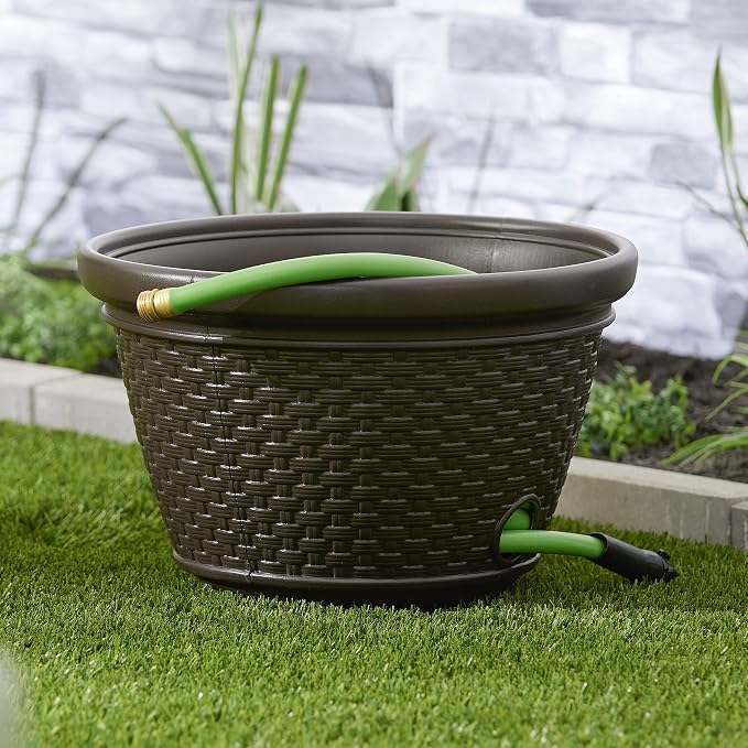 Suncast 4 Pack Wicker Hose Pot, Decorative Resin Garden Hose Storage, 100ft - Image 9