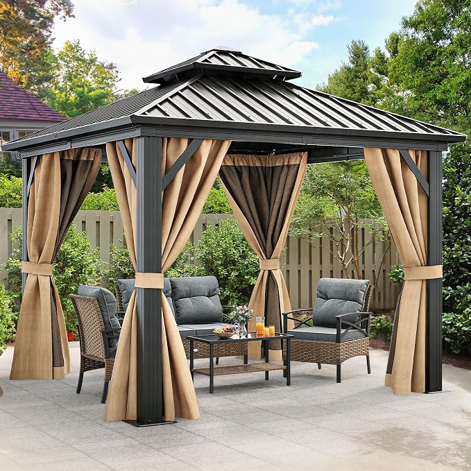YITAHOME 10x10ft Gazebo Hardtop Double Roof Canopy w/Netting and Curtains by YITAHOME