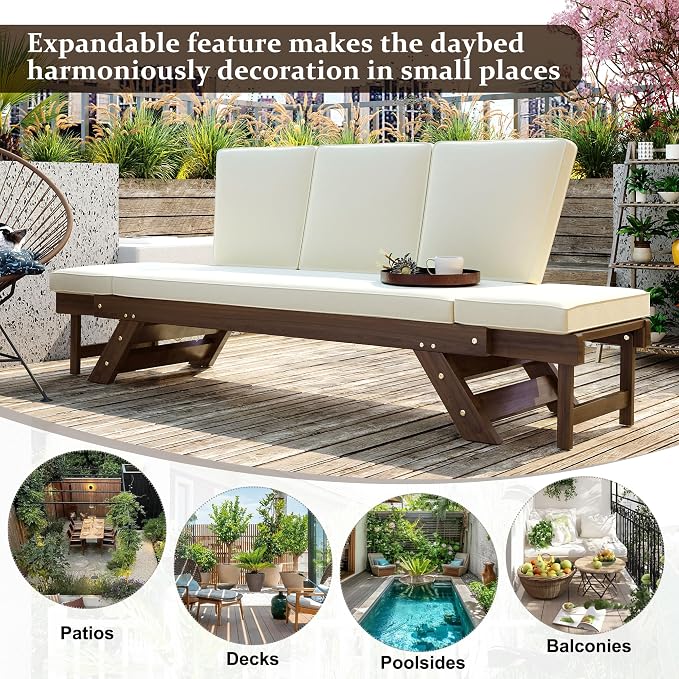 Merax Patio Sofa, Outdoor Adjustable Wooden Daybed, Chaise Lounge - Image 6