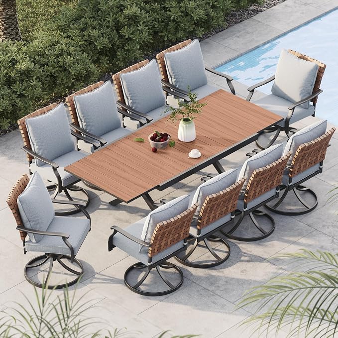 Grand patio 11-Piece Outdoor Dining Set, 10 Leather-Look Wicker Swivel Patio by GrandPatio