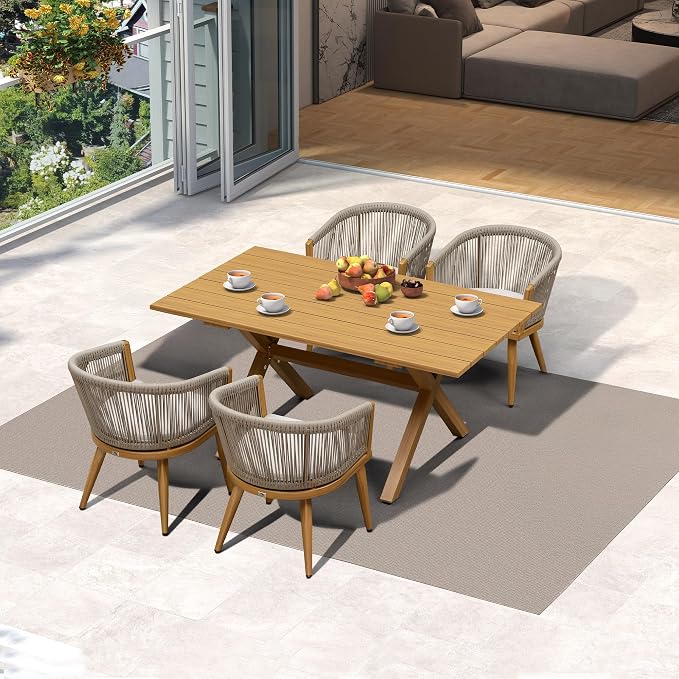 PURPLE LEAF Patio Dining Set for 4 All-Weather Wicker Woodgrain Aluminum 5 by PURPLELEAF