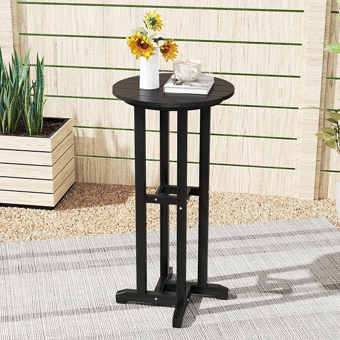 Tangkula 21.5" Round Bar Table, Patio HDPE Bar Height Dining Table w/Slatted - Image 2