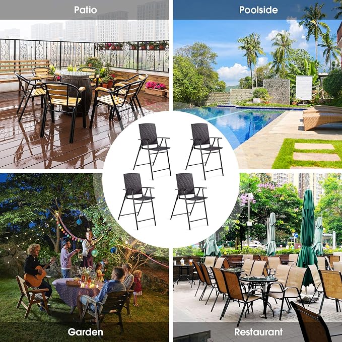 LUARANE Folding 4 Pieces Wicker Rattan Chairs, Tall Bar Stool Set - Image 7