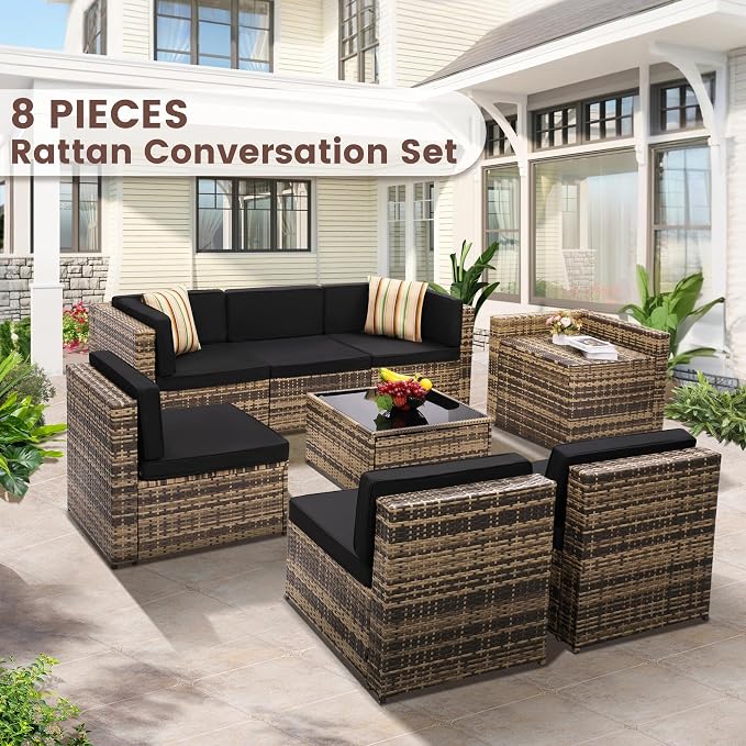 8-Piece Patio Furniture Set, Outdoor Wicker Rattan Sectional - Image 2