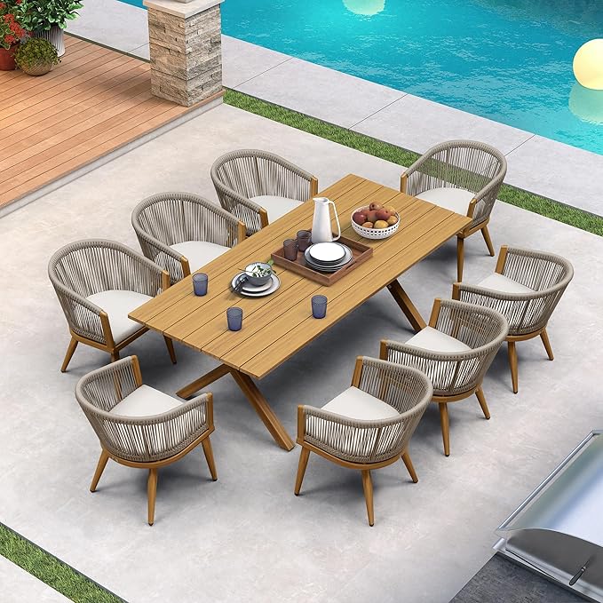 PURPLE LEAF Patio Dining Set for 8 All-Weather Wicker Woodgrain Aluminum 9 by PURPLELEAF