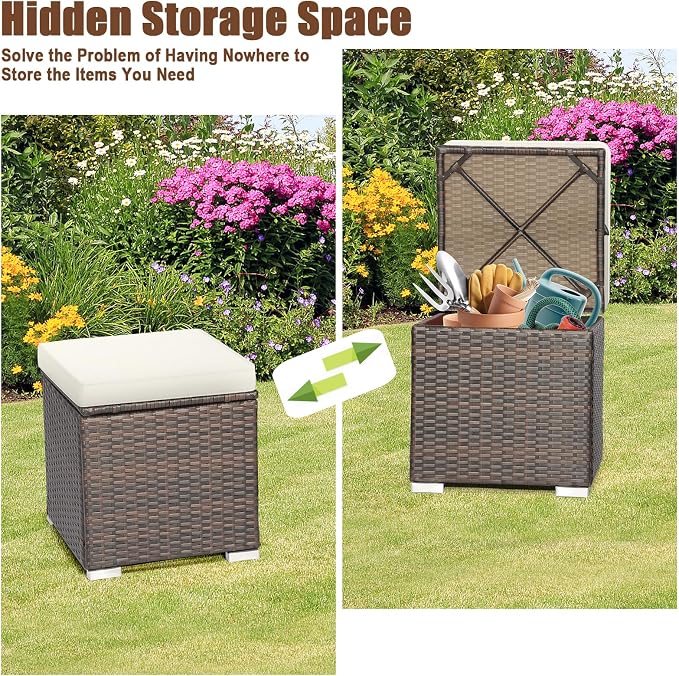 RELAX4LIFE Wicker Outdoor Storage Ottoman, 2-Piece Rattan Footstool w/Removable - Image 5