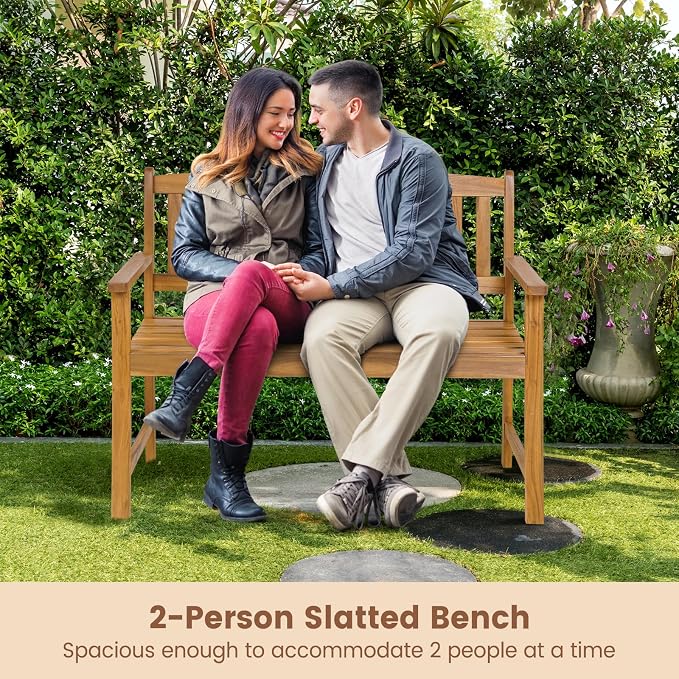 COSTWAY Wooden Bench Outdoor, Sturdy Outdoor Acacia Wood Bench - Image 4