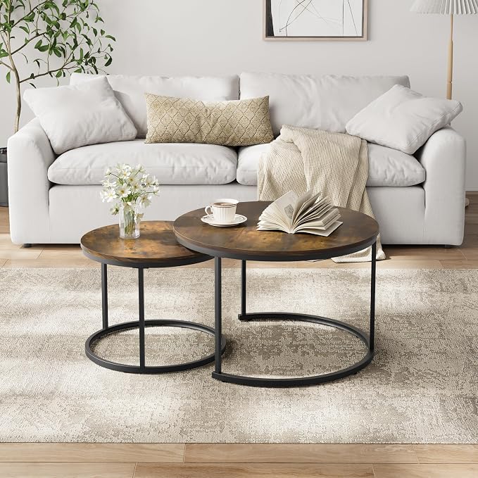 Smuxee Rustic Nesting Coffee Table Set of 2, 27.6" Round Coffee Table Wooden - Image 3