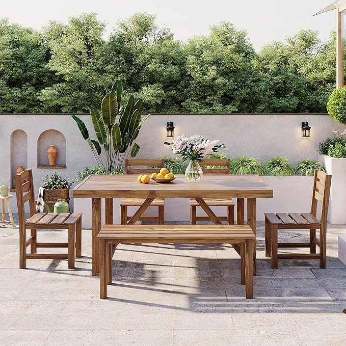 Outdoor Dining Set for 6, Acacia Wood Patio Dining Table Set - Image 2