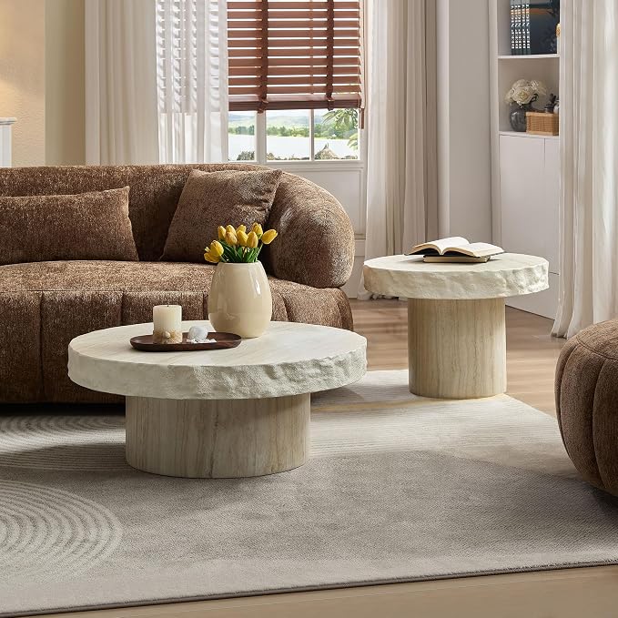 Round Coffee Table Set of 2, Faux Marble Pattern Center Table Imitation Stone - Image 4
