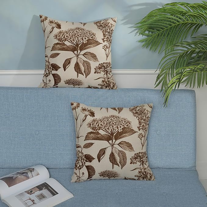 Brown Pillow Covers 18x18 Inch 2 Pcs Boho Vintage Floral Decor Throw Pillows - Image 3