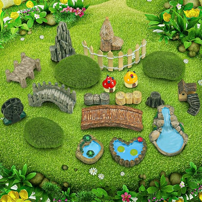 21 Pcs Fairy Garden Miniatures Accessories Bridge House Landscape Water Well - Image 5