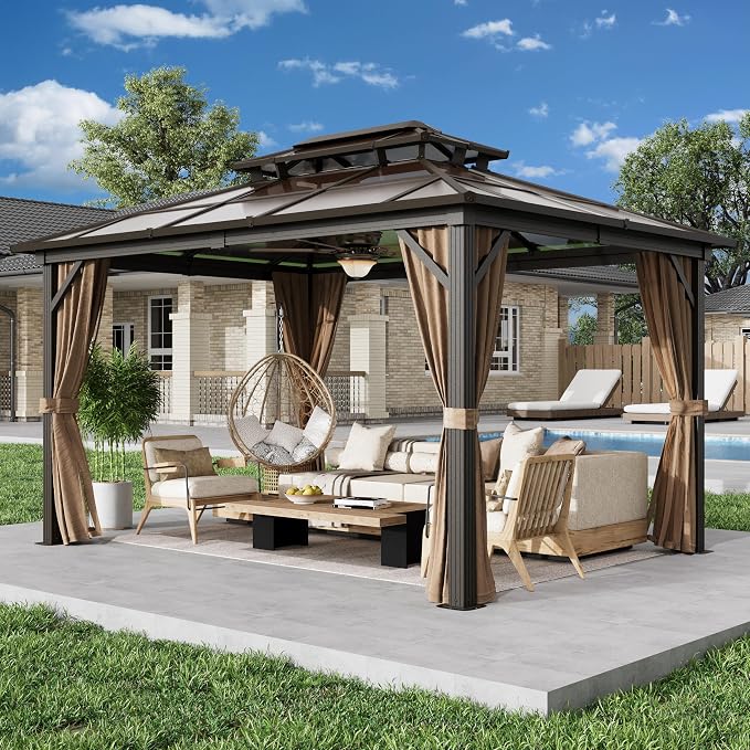 EROMMY 10' x 13' Gazebo Polycarbonate Double Roof Canopy Outdoor Aluminum Frame by EROMMY