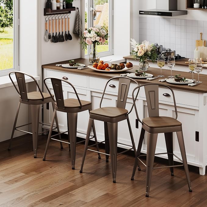 ALISH 26 Inch Industrial Bar Stools Set of 4, High Back Metal Barstools - Image 7