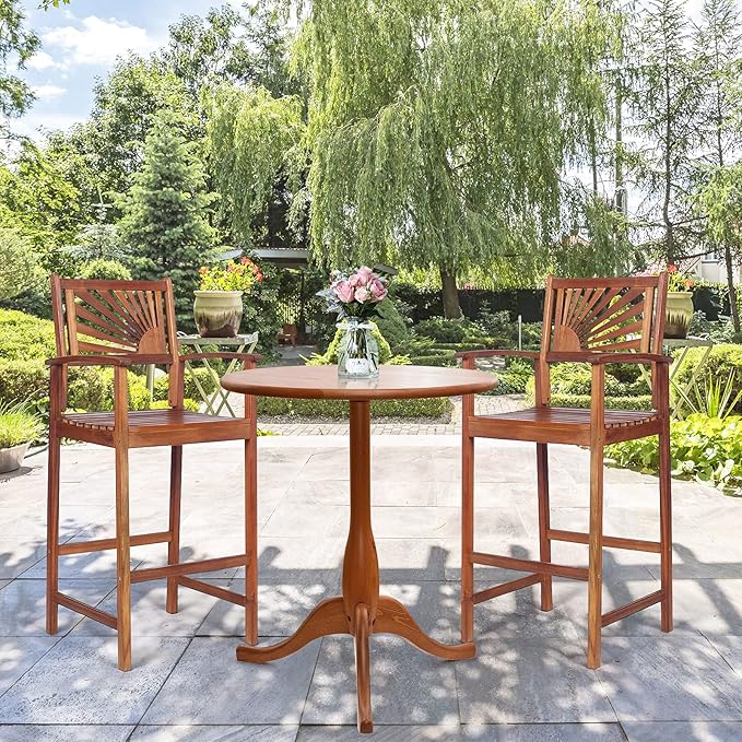 COSTWAY Bar Stools Set of 2, Outdoor Acacia Wood Bar Chairs - Image 2