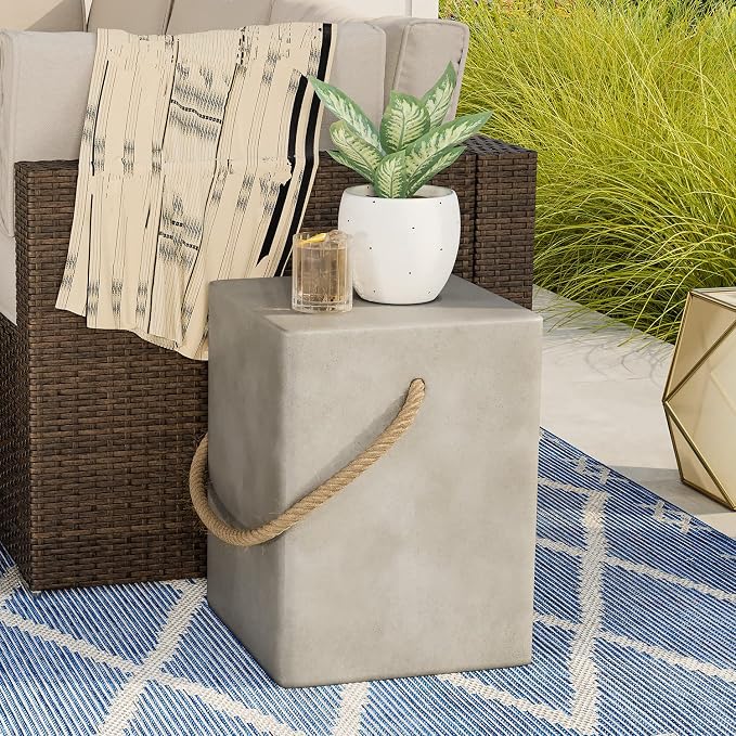 COSIEST Set of 2 Concrete Side Table, Rectangular Outdoor Side Table w Hemp - Image 7