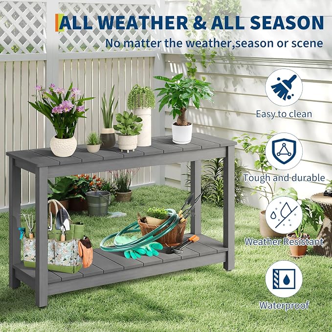GarveeLife 48 Inch Outdoor Console Table, Wood All-Weather Side Table, 2-Tier - Image 3