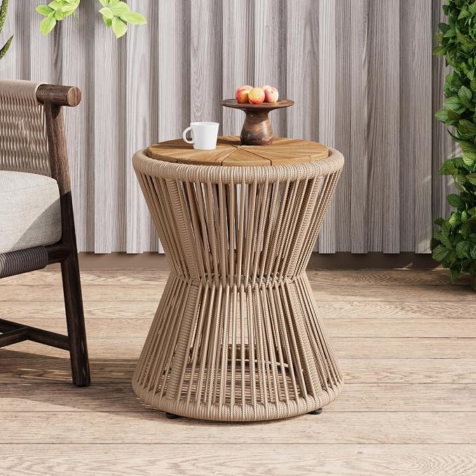 Scott Living Nara 18.9" Acacia Wood Outdoor Side Table, Metal Frame+Woven Rope - Image 3