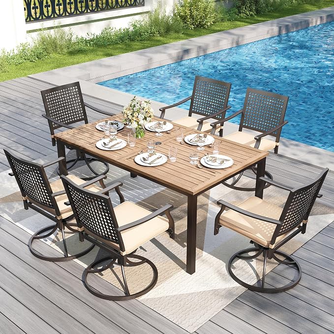 PHI VILLA 7 Pieces Outdoor Set for 6, 65” Wood-Like Metal Steel Dining Table & - Image 2