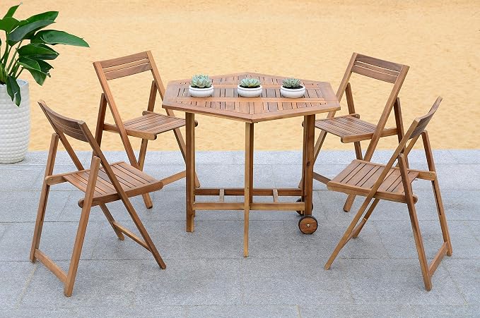 SAFAVIEH Outdoor Collection Kerman Natural 5-Piece Foldable Patio Dining Set - Image 8